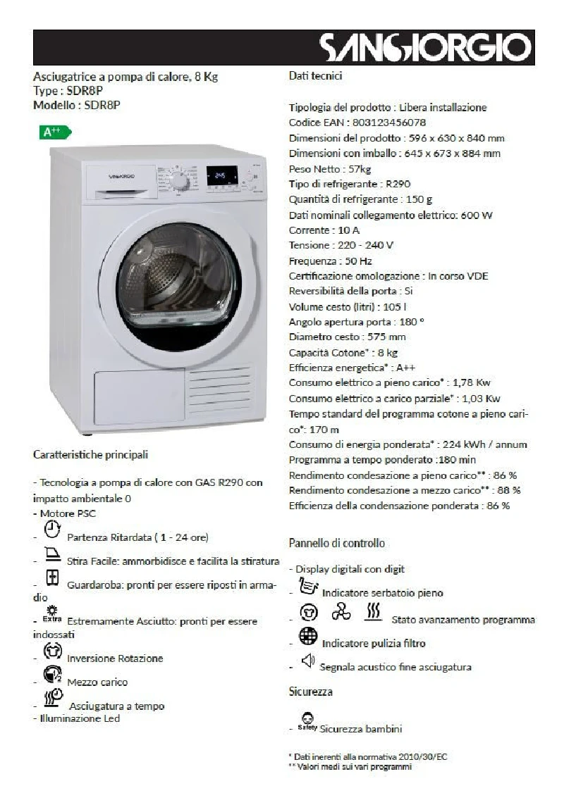 Мостри OUTLET Сушилня 8kg с Термопомпа Sangiorgio SDR8